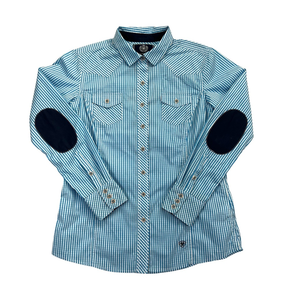 Ariat Womens L Blue White Striped Western‎ Button Down Shirt Elbow Patches L/G